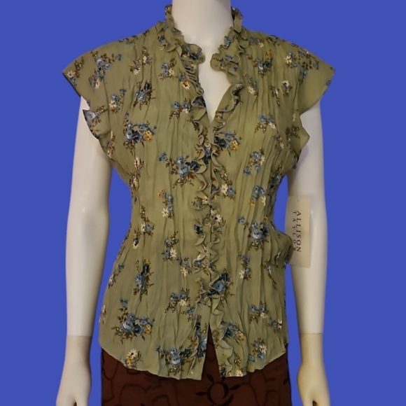 ALLISON TAYLOR Sage Green Floral Crepe Chiffon Ruffle Castlecore Blouse - Picture 1 of 10